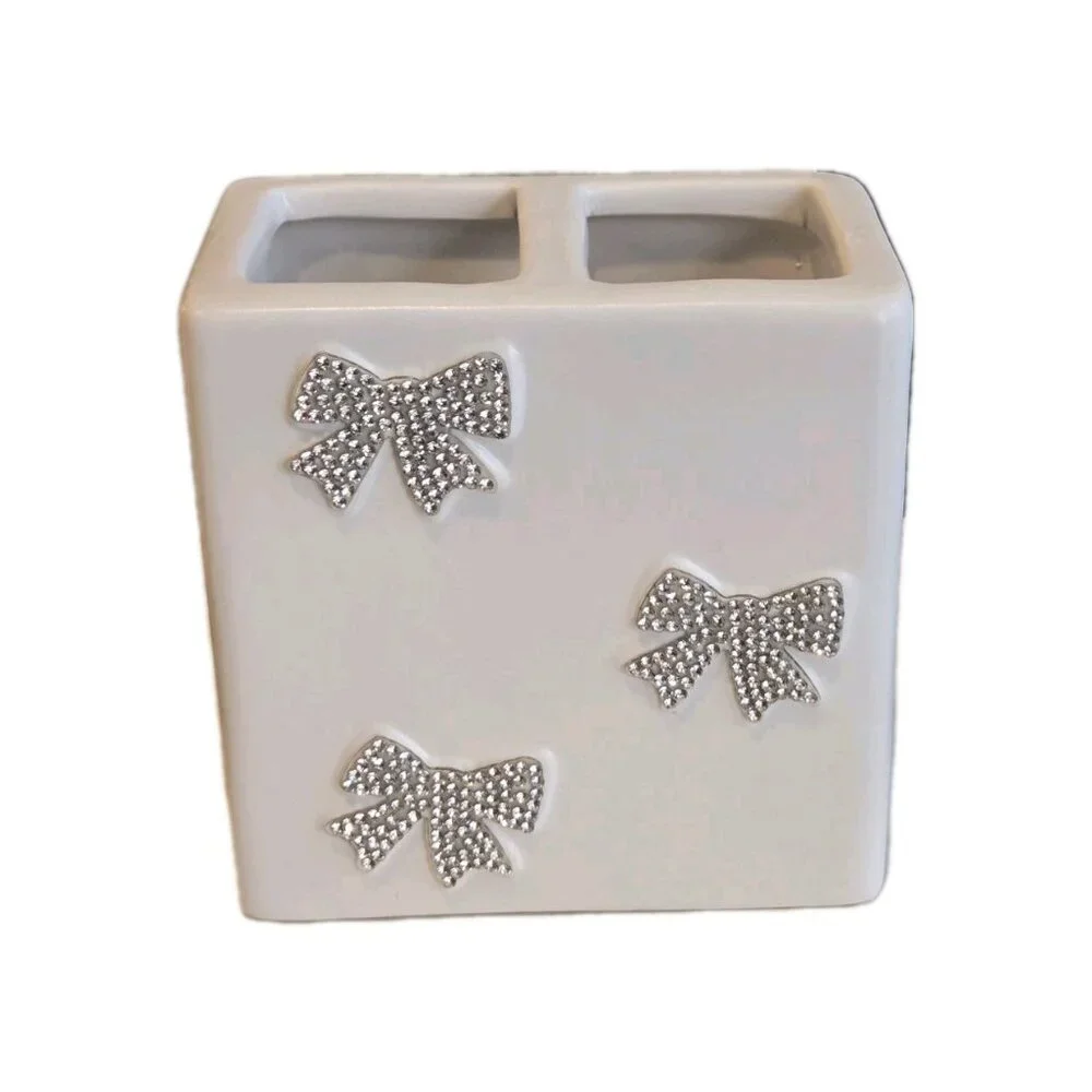 New Silver & White Bling Bow Tie Bathroom Polyresin Tooth Brush Holder Storage